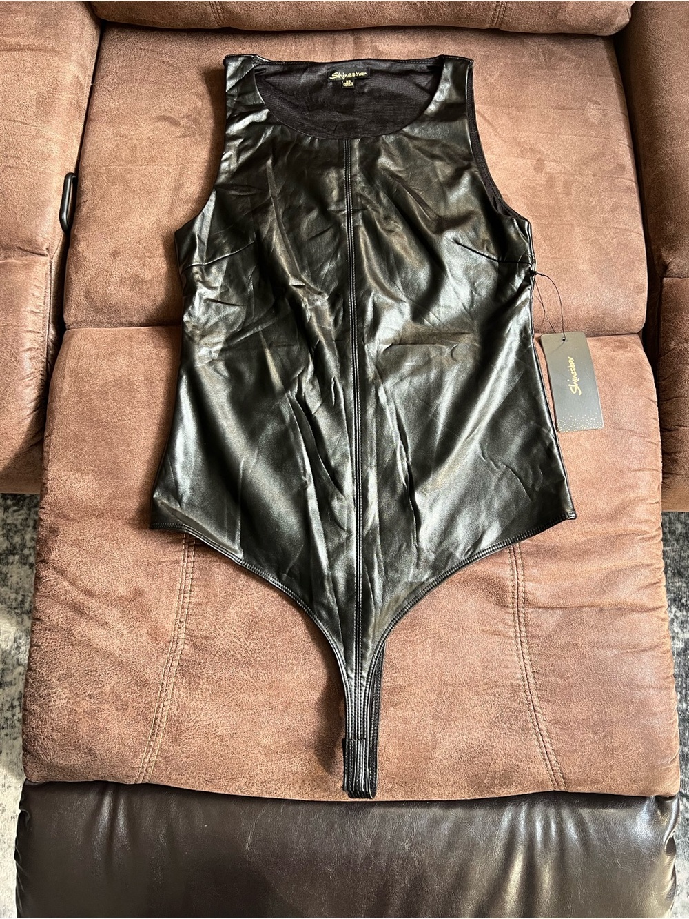 Shinestar Black Faux Leather Sleeveless Bodysuit Thong Bottom Snap Closure XS